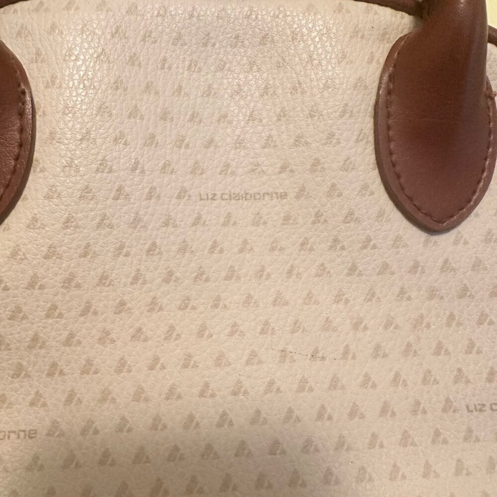 Liz Claiborne Vintage 90s Handbag Cream Brown Leather logo print rare - Picture 4 of 5